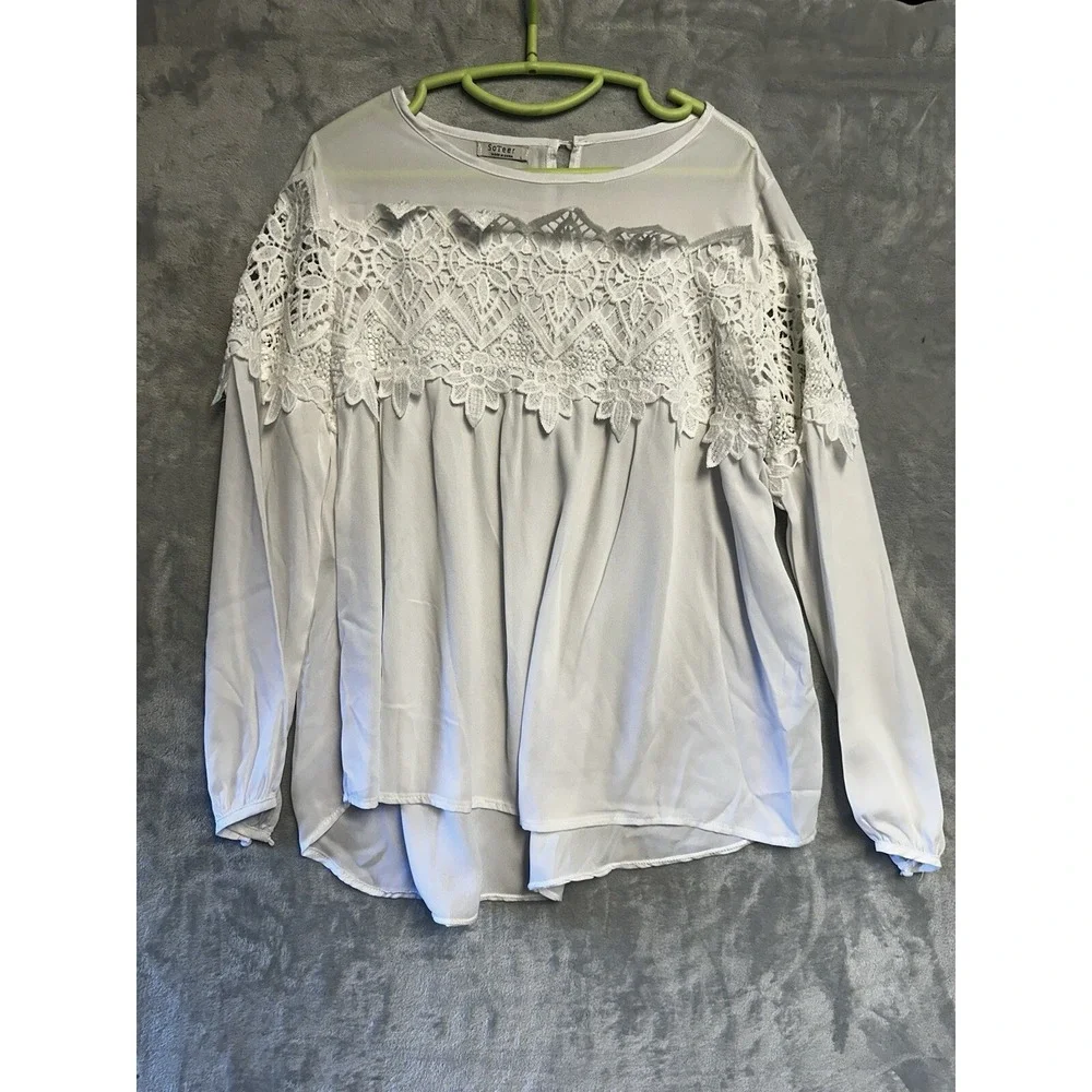 SoTeer White Crochet Lace Long Sleeve Blouse‎ Boho Keyhole Back Top L